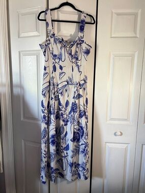 Avec Les Filles White Midi Dress with Blue Botanical Print